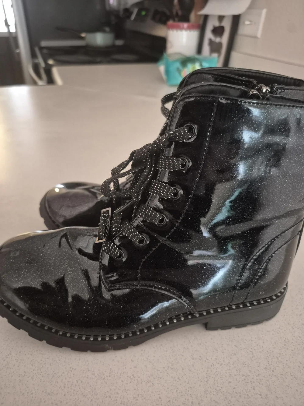 Girls' Black Glitter Patent Lace-Up Ankle Boots